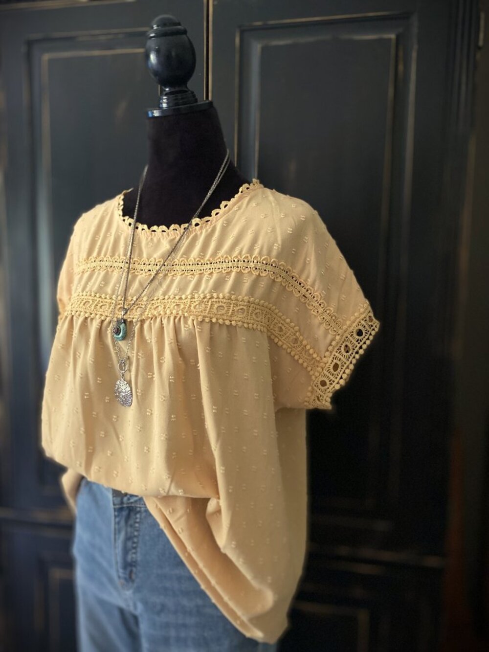 NO BRAND Boho Swiss Dot Blouse | Yellow Short Sleeve Cottagecore Top | Size L